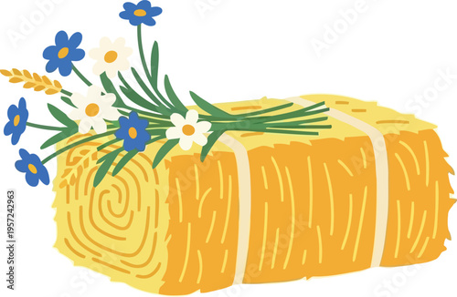 Rustic hay bale with wildflowers vector illustration for autumn harvest and farm decor