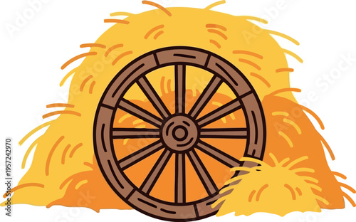 Rustic Wooden Wagon Wheel with Haystack Vector Illustration for Farm and Harvest Themes
