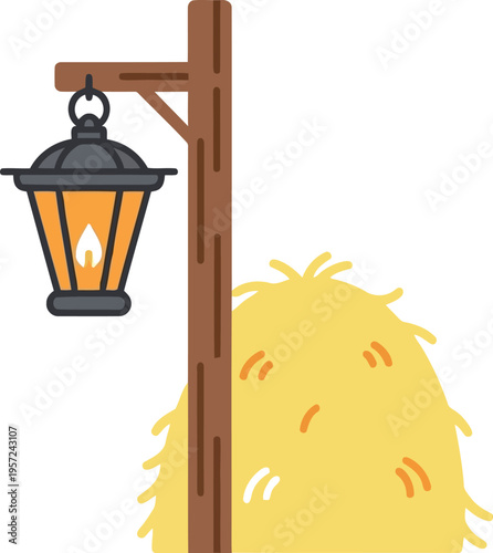 Rustic lantern on wooden post with haystack vector illustration for autumn and farm design