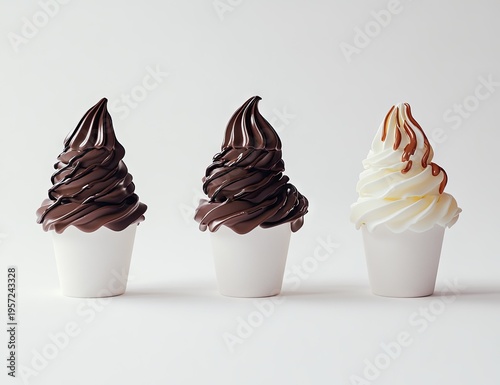 Trio of cups with flavors: Three cups of soft‑serve ice cream—two chocolate and one vanilla with caramel drizzle—arranged neatly