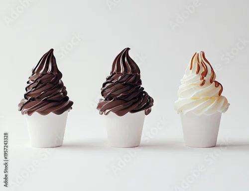 Obraz  z motywem Trio of cups with flavors: Three cups of soft‑serve ice cream—two chocolate and one vanilla with caramel drizzle—arranged neatly