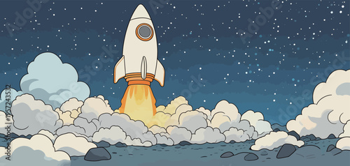 Rocket launches into space with bright flames and clouds at night against a starry sky in a cartoon style