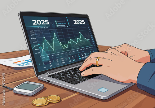 Person works on laptop with financial data showing future projections for the year 2025
