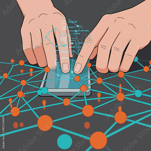 Two hands interact with a smartphone screen showing a digital network of connected dots and lines in a tech setting