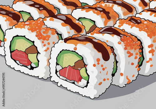 Different types of sushi rolls served on a white plate at a restaurant during dinner time