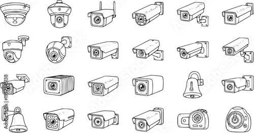 Security Camera Doodles: Hand-Drawn CCTV, Surveillance  Protection Vector Set