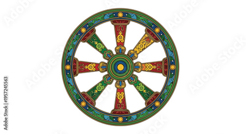 Colorful Buddhist Wheel of Dharma Symbol.