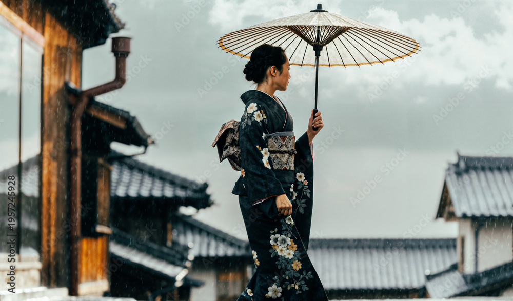 Fototapeta premium Japanese woman walking in kimono with umbrella on rainy street 