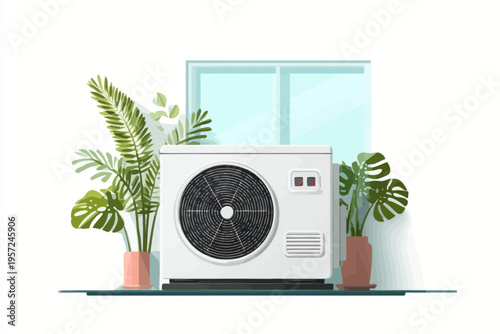 Energy-efficient air conditioner unit with potted plants on window ledge