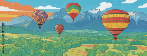 Hot air balloons float above green fields and mountains during a clear day in this colorful outdoor scene