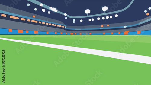 Empty soccer stadium with bright lights and green field during nighttime before a match in a large city