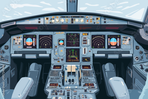 Modern airplane cockpit interior with advanced instrumentation and controls