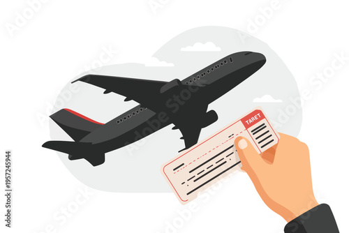 Hand holding boarding pass with plane flying in cloudy sky