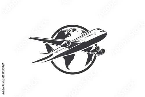 Airplane silhouette with globe background symbolizing global travel