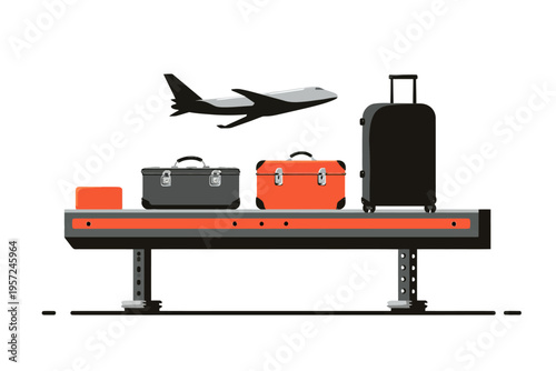 Airplane flying over luggage on airport conveyor belt