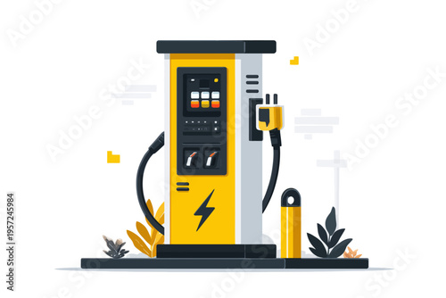 Electric vehicle charging station illustration with yellow accents and modern design