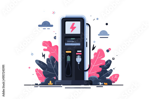 Electric car charging station with colorful abstract plant illustrations