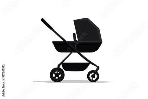 Sleek black modern baby stroller on white background