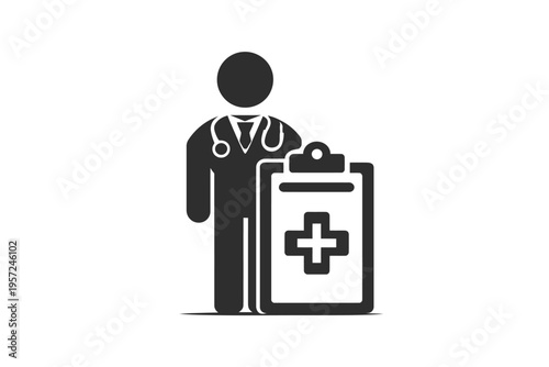 Medical icon of doctor silhouette with clipboard and stethoscope