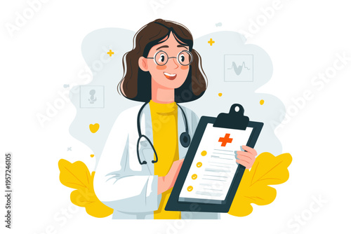 Female doctor cartoon holding medical clipboard