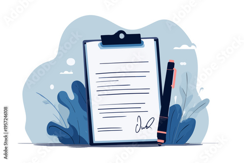 Clipboard with document and pen illustration with signature