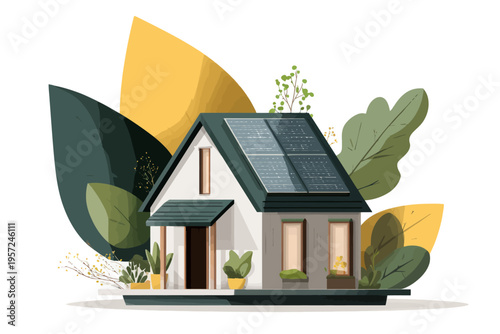 Eco-friendly house with solar panels amidst lush greenery