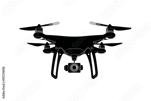 Silhouette of quad drone with camera on adjustable gimbal