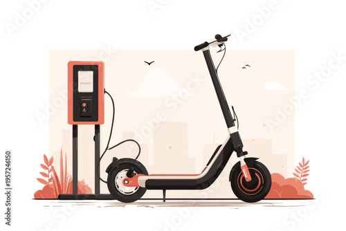 Electric scooter charging station illustration with urban background