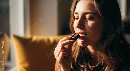 A young woman enjoying a piece of chocolate in a cozy indoor setting