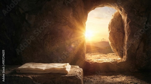 Empty tomb of Jesus Christ with burial shroud on stone slab. Resurrection of messiah at sunrise with three crosses on hill. Holy religion concept of Easter Sunday faith victory.