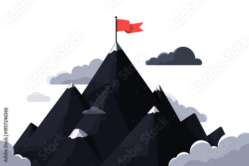 Red flag atop dark mountain peaks surrounded by clouds