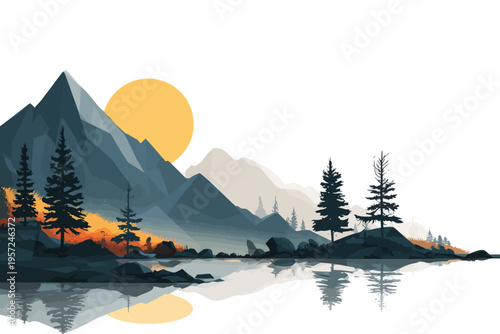 Serene mountain landscape at sunrise with pine trees and reflective lake