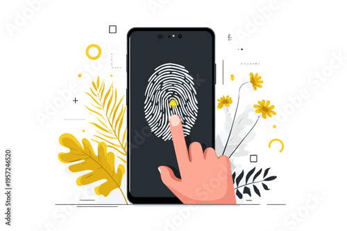 Fingerprint access on smartphone with floral background illustration