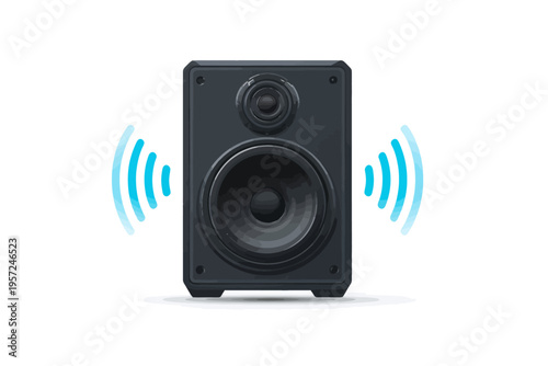 Black speaker vibrating with blue sound waves on white background