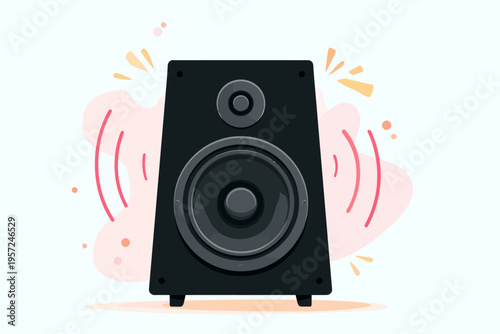 Illustration of a black speaker with sound waves on a colorful background