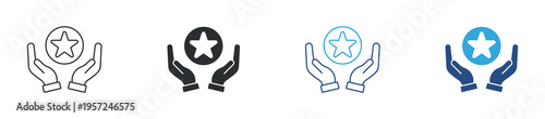 Customer satisfaction icon set. Rating, feedback and quality service concept with hands holding star. Vector illustration.