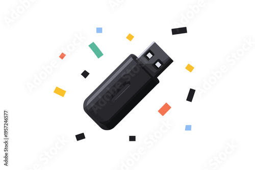 Black usb flash drive amidst colorful confetti on white background