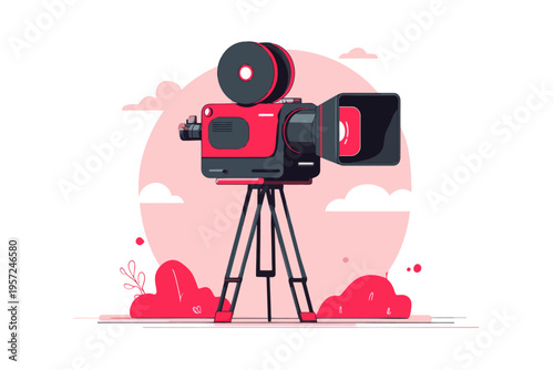 Vintage red film camera on tripod with abstract pink background