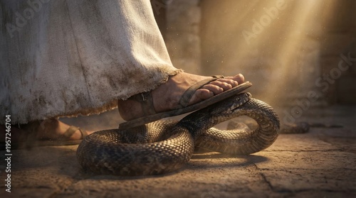 Jesus standing on snake with foot. Biblical depiction of savior overcoming evil and sin. Symbolic religious scene representing victory over temptation. Christian faith and worship concept.