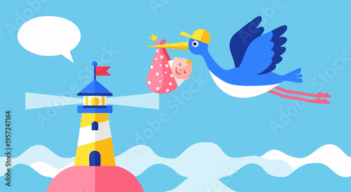 Blue Stork Delivering Baby with Lighthouse and Speech Bubble Vector Illustration for Birth Announcements