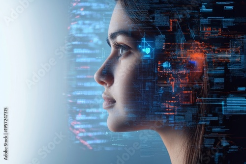 Artificial intelligence concept with woman and digital interface and data visualization effect
