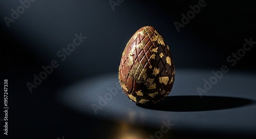 A luxurious chocolate Easter egg with gold leaf decorations on a dark background