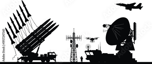 Military communication and defense systems silhouette illustration, missile launcher artwork, radar and drone design concept, black and white vector template set