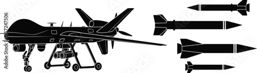 Military drone with missile silhouette illustration, UAV and weaponry artwork, modern defense design concept, black and white vector template set