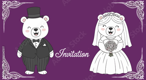 Cute Cartoon Wedding Invitation Vector with Happy Bride and Groom Polar Bears on Purple Background