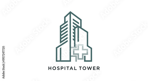 Modern minimalist line art icon of a hospital tower building with a medical cross symbol for healthcare and medical services
