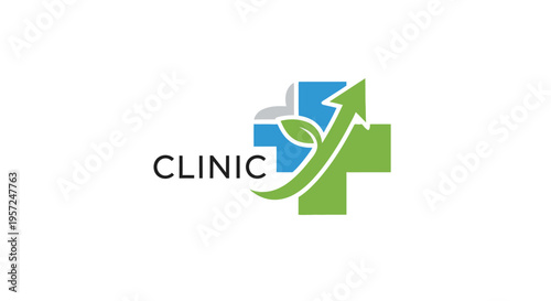 Professional medical clinic logo design with health cross, green leaf, and upward arrow icon for wellness, growth, and natural care