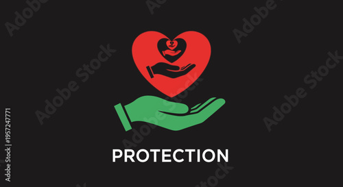 Green hand supporting a red heart cradling a child, symbolizing family protection, child care, love, security, and well-being