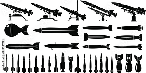 Missile and bomb silhouette lineup illustration, military ordnance artwork, defense technology design concept, black and white vector template set