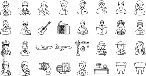 Occupation Icon Set: Line Art Depiction of Various Professions  Careers